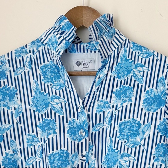 Holly Shae Blue Floral Stripe Button Front Tunic Blouse XS - Picture 2 of 8